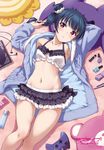  2017 :o arm_behind_head armpits arms_up bangs bathrobe bed bed_sheet black_bow black_skirt blue_hair blush book bow breasts collarbone controller copyright cowboy_shot crop_top earbuds earphones earphones_removed eyebrows_visible_through_hair frilled_skirt frills from_above game_controller groin hair_ornament hair_scrunchie halter_top halterneck highres holding holding_hair indoors inou_shin lipstick_tube logo long_hair looking_at_viewer love_live! love_live!_sunshine!! lying makeup midriff miniskirt nail_polish nail_polish_bottle navel official_art on_back open_clothes open_robe pillow playing_with_own_hair purple_eyes robe scrunchie shadow side_bun skirt small_breasts solo stuffed_animal stuffed_toy teddy_bear thighs tsushima_yoshiko watermark white_scrunchie 