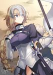  1girl armor artist_name back-to-back bangs blonde_hair braid closed_mouth commentary_request eyebrows_visible_through_hair fate/apocrypha fate_(series) faulds flag gauntlets hair_between_eyes hand_up headpiece highres holding holding_flag jeanne_d'arc_(fate) jeanne_d'arc_(fate)_(all) long_hair looking_to_the_side nikame outdoors purple_eyes sieg_(fate/apocrypha) signature single_braid solo_focus standard_bearer thighhighs very_long_hair wavy_hair 