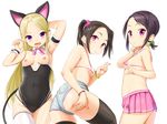  animal_ears arm_garter ass bad_id bad_pixiv_id bangs bikini bikini_under_clothes black_hair black_legwear black_panties blonde_hair bracelet breasts cat_ears cat_tail cowboy_shot detached_collar fake_animal_ears fang hairband highleg highleg_leotard highres jewelry kittysuit leotard long_hair looking_at_viewer looking_back micro_bikini microskirt miniskirt multiple_girls nazo_no_niku nipples open_mouth original panties parted_bangs paw_pose pink_scrunchie pink_skirt polka_dot polka_dot_bikini purple_eyes scrunchie short_ponytail short_shorts short_twintails shorts simple_background single_thighhigh skirt small_breasts sweat swimsuit tail thighhighs twintails underwear v very_long_hair white_background wrist_cuffs 