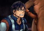  2boys animated animated_gif black_hair boku_no_hero_academia cum cum_in_mouth ejaculation erection fellatio glasses iida_tenya lowres male_focus multiple_boys muscle pecs penis pubic_hair thrusting tongue tongue_out yaoi 