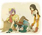  black_eyes black_hair bodysuit commentary_request eiko_carol final_fantasy final_fantasy_ix garnet_til_alexandros_xvii long_hair low-tied_long_hair multiple_boys multiple_girls open_mouth orange_bodysuit short_hair smile vivi_ornitier zidane_tribal 