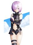  armor artist_name bad_id bad_pixiv_id bare_shoulders black_gloves black_legwear blue_sky blush broken_armor closed_mouth cloud cloudy_sky covered_nipples covering covering_one_breast cowboy_shot elbow_gloves embarrassed fate/grand_order fate_(series) frown gloves hair_over_one_eye half-closed_eye highres leotard looking_away looking_down love_(pspdspsp) mash_kyrielight navel_cutout one_breast_out outside_border pink_hair shiny shiny_hair short_hair single_thighhigh sky solo standing thigh_gap thigh_strap thighhighs thighs torn_clothes torn_leotard 