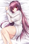  bangs bed_sheet beeyan blush breasts closed_mouth commentary_request dress eyebrows_visible_through_hair fate/grand_order fate_(series) hair_between_eyes hair_intakes highres impossible_clothes impossible_sweater large_breasts long_hair long_sleeves looking_at_viewer looking_to_the_side lying on_back on_side purple_hair red_eyes ribbed_sweater scathach_(fate)_(all) scathach_(fate/grand_order) smile solo sweater sweater_dress very_long_hair white_sweater 
