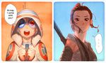  1girl ahoge androgynous antennae bandages bb-8 brown_hair commentary english goggles grey_hair hair_bun hood long_neck looking_at_viewer nana_nakano open_mouth personification rey_(star_wars) speech_bubble spoken_ellipsis staff star_wars star_wars:_the_force_awakens 