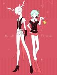  androgynous antarcticite black_gloves christmas cojimama commentary_request dated fur_trim gem_uniform_(houseki_no_kuni) gloves green_eyes green_hair houseki_no_kuni multiple_others phosphophyllite red_background red_shorts short_hair short_sleeves shorts signature smile white_hair 