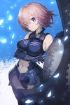  ahoge arm_across_chest armor armored_collar armored_leotard black_gloves black_leotard blue_background breasts commentary cowboy_shot elbow_gloves eyebrows_visible_through_hair fate/grand_order fate_(series) faulds gloves goomrrat hair_over_one_eye hand_rest hand_up head_tilt impossible_clothes impossible_leotard large_breasts legs_together leotard light_particles looking_at_viewer mash_kyrielight messy_hair multicolored multicolored_background multicolored_clothes multicolored_gloves navel navel_cutout petals pink_hair purple_eyes purple_gloves shield short_hair sleeveless smile solo standing striped touching white_background wrist_guards 