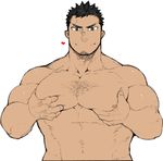  1boy bara body_hair groping looking_at_viewer male_focus muscle naop pecs presenting scar solo tagme 