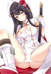  artist_name ass azur_lane bangs black_hair black_legwear blush boots breasts cleavage cleavage_cutout commentary_request covered_nipples double-breasted eyebrows_visible_through_hair flower gloves hair_flower hair_ornament hiei_(azur_lane) horns kaetzchen katana knee_boots kneehighs leaning_back lips long_hair long_sleeves looking_at_viewer medium_breasts military military_uniform miniskirt panties panty_pull pleated_skirt red_flower red_rose revision rose sheath sheathed simple_background sitting skirt skirt_lift solo spread_legs sword tareme thighs underwear uniform very_long_hair weapon white_background white_footwear white_gloves white_panties white_skirt wide_sleeves yellow_eyes 
