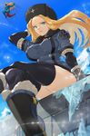  1girl absurdres black_legwear blonde_hair blue_eyes blue_skin blue_sky boots commentary_request day fur_collar fur_hat gill gloves hat highres ice jumping katsuan_(mikecat38) kolin looking_at_viewer midair parted_lips red_skin russian_clothes sitting sky solo_focus street_fighter street_fighter_iii_(series) street_fighter_v thighhighs ushanka zettai_ryouiki 
