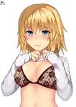  2017 blonde_hair blue_eyes blush bra breasts cleavage dated dyxm eyebrows_visible_through_hair fate/apocrypha fate_(series) hair_between_eyes highres jeanne_d'arc_(fate) jeanne_d'arc_(fate)_(all) long_hair medium_breasts shirt shirt_lift signature simple_background solo underwear upper_body white_background white_shirt 