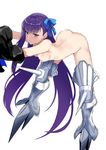  armored_boots ass bandaid bandaids_on_nipples bent_over blue_eyes blue_ribbon boots breasts fate/extra fate/extra_ccc fate/grand_order fate_(series) hair_ribbon jirusu long_hair meltlilith nude pasties purple_hair ribbon simple_background small_breasts solo very_long_hair white_background 