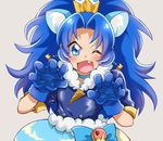  ;d absurdres animal_ears anri_(kuro_89_428) blue_bow blue_eyes blue_gloves blue_hair blue_neckwear blue_shirt blue_skirt bow choker crown cure_gelato earrings extra_ears fang gloves grey_background highres jewelry kirakira_precure_a_la_mode lion_ears long_hair looking_at_viewer magical_girl mini_crown one_eye_closed open_mouth paw_pose precure shirt simple_background skirt smile solo tategami_aoi upper_body 