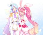  1girl a_la_mode_style_(precure) animal_ears aqua_hair belt blush bow bunny_ears cake_hair_ornament cape choker closed_eyes colored_eyelashes cowboy_shot cravat cure_waffle cure_whip dress epaulettes food_themed_hair_ornament gloves green_eyes hair_bow hair_ornament highres kirakira_precure_a_la_mode long_hair magical_boy pants petals pikario_(precure) pink_bow pink_hair pink_neckwear precure purple_neckwear ronorono smile spoilers twintails usami_ichika white_dress white_gloves white_pants 