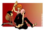  1boy 1girl black_eyes black_hair couple female hat male monkey_d_luffy nami_(one_piece) one_piece one_piece:_strong_world orange_hair pirate short_hair smile straw_hat_pirates tattoo together 