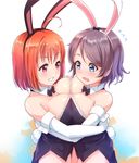  ahoge animal_ears bangs bare_shoulders blue_eyes blush bow bowtie breast_press breasts bunny_ears bunny_girl bunny_tail bunnysuit cleavage detached_collar elbow_gloves gloves grey_hair kanabun large_breasts love_live! love_live!_sunshine!! multiple_girls open_mouth orange_hair red_eyes short_hair smile symmetrical_docking tail takami_chika watanabe_you wrist_cuffs 