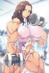  abs blush breasts brown_hair commentary_request forehead gloves gym gym_uniform highres jin-jin large_breasts long_hair looking_at_viewer muscle muscular_female original sweat thick_thighs thighs tight treadmill weightlifting weights 