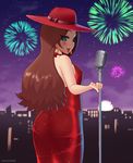  brown_hair city commentary dress earrings fireworks hat jewelry kuroonehalf long_hair looking_at_viewer looking_back mario_(series) microphone microphone_stand night night_sky open_mouth pauline_(mario) red_dress red_hat sky smile solo star_(sky) super_mario_bros. super_mario_odyssey 