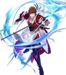  arai_teruko armor armored_boots bell boots brown_hair fire_emblem fire_emblem_heroes fire_emblem_if full_body headband highres japanese_clothes male_focus naginata official_art open_mouth polearm purple_eyes shinonome_(fire_emblem_if) solo teeth transparent_background weapon 