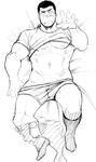  1boy abs bara full_body highres lying male_focus muscle naop socks tagme underwear undressing 