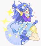 :d animal_ears arm_up blue_eyes blue_footwear blue_gloves blue_hair blue_legwear blue_neckwear blue_shirt blue_skirt character_name choker crown cure_gelato earrings extra_ears full_body gloves jewelry jiro_(rakugakiokiba) kirakira_precure_a_la_mode layered_skirt lion_ears lion_tail long_hair looking_at_viewer mini_crown open_mouth petticoat precure shirt shoes single_thighhigh skirt smile solo tail tategami_aoi thighhighs white_background yellow_skirt 
