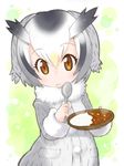  blonde_hair brown_eyes colored_pencil_(medium) curry curry_rice food frown fur_collar fur_trim grey_coat hakkatou head_wings holding holding_spoon kemono_friends long_sleeves multicolored_hair northern_white-faced_owl_(kemono_friends) plate rice solo spoon traditional_media white_hair 