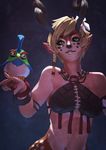  absurdres animal_ears antlers bangle bare_shoulders battlerite bird bird_on_hand blonde_hair blossom_(battlerite) bracelet braid breasts deer_ears furry green_eyes highres jewelry lips midriff monori_rogue navel necklace nose short_hair side_braid small_breasts solo tribal 