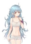  absurdres arm_at_side blue_hair boyshorts bra cowboy_shot fpanda g11_(girls_frontline) girls_frontline grey_bra grey_panties hand_up highres long_hair long_sleeves messy_hair navel orange_eyes panties parted_lips simple_background solo sports_bra stomach underwear underwear_only very_long_hair white_background 