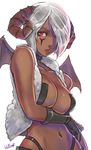  angel_(kof) angel_diabolo bad_id bad_tumblr_id black_gloves black_panties breasts cleavage collar commentary dark_skin demon_girl demon_horns demon_wings facial_tattoo gloves hair_over_one_eye highleg highleg_panties highres horns large_breasts lips mini_wings navel nose panties pasties red_eyes short_hair silver_hair solo spiked_collar spikes tattoo the_king_of_fighters the_king_of_fighters_xiv underwear upper_body vest wallace_pires white_background wings wool 