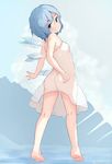  ass bakadebiru bare_arms bare_legs bare_shoulders barefoot blue blue_background blue_eyes blue_hair cirno closed_mouth commentary dress from_behind full_body highres ice ice_wings looking_at_viewer looking_back see-through smile solo standing titanic touhou watermark white_dress wings 