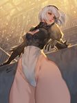  absurdres black_gloves black_hairband breasts cleavage cleavage_cutout covered_navel feather-trimmed_sleeves from_below gloves groin hairband highleg highleg_leotard highres juliet_sleeves leotard lips long_sleeves looking_at_viewer looking_down medium_breasts nier_(series) nier_automata no_blindfold parted_lips puffy_sleeves saejin_oh short_hair silver_eyes silver_hair smile solo sunlight thick_thighs thighs toned turtleneck white_leotard wind yorha_no._2_type_b 
