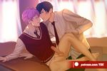 2boys ass barefoot black_hair blush bottomless bulge character_request classroom crotch desk erection feet lying multiple_boys naughty_face penis purple_hair scar school smile student testicles toes undressing yaoi yasaka_kumo 