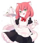  animal_ears apron arm_up black_dress brown_hair carrying cat_ears coffee_beans commentary_request cup dress fang furry green_eyes highres maid open_mouth original short_hair slit_pupils smile solo teacup teapot tray yuuki_(yuyuki000) 