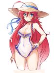  ahoge bangs blue_eyes blue_swimsuit bracelet breasts closed_mouth cosplay covered_navel cowboy_shot eyebrows_visible_through_hair frilled_swimsuit frills frown genkillua granblue_fantasy hand_on_hip heles heles_(cosplay) high_school_dxd jewelry long_hair looking_at_viewer medium_breasts navel one-piece_swimsuit red_hair rias_gremory see-through solo standing swimsuit very_long_hair white_background white_swimsuit 