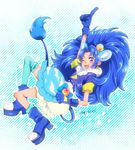  ;d ajiko_(ajicox) animal_ears arm_up blue blue_background blue_eyes blue_footwear blue_gloves blue_hair blue_legwear blue_shirt blue_skirt crown cure_gelato earrings extra_ears full_body gloves highres jewelry kirakira_precure_a_la_mode layered_skirt lion_ears lion_tail long_hair looking_at_viewer magical_girl mini_crown one_eye_closed open_mouth pointing precure shirt shoes single_thighhigh skirt smile solo tail tategami_aoi thighhighs twitter_username white_skirt 