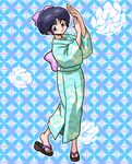  black_hair bow brown_eyes full_body geta hair_bow japanese_clothes kimono looking_at_viewer obi purple_bow ranma_1/2 sash shippou_(pattern) short_hair smile solo tendou_akane wanta_(futoshi) yukata 
