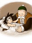  bandages bed bed_sheet black_eyes black_hair brown_background chinese_clothes dragon_ball dragon_ball_(classic) facial_hair grandfather_and_grandson grandpa_gohan happy hat looking_at_another male_focus masa_(p-piyo) multiple_boys mustache pillow shirt simple_background sleeveless smile son_gokuu spiked_hair tail under_covers white_background white_shirt 