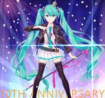  bad_id bad_pixiv_id black_jacket black_legwear blue_eyes blue_hair blue_neckwear crown dress eyebrows_visible_through_hair floating_hair hair_between_eyes hatsune_miku highres holding jacket kise_(swimmt) long_hair looking_at_viewer microphone_stand mini_crown open_clothes open_jacket pink_ribbon pleated_dress ribbon shiny shiny_clothes short_dress smile solo standing thighhighs twintails unzipped very_long_hair vocaloid white_dress zettai_ryouiki 