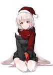  blush closed_mouth commentary dress full_body grey_eyes hat long_hair long_sleeves looking_at_viewer off-shoulder_sweater original red_scarf santa_hat scarf silver_hair smile solo sweater sweater_dress thighhighs v_arms very_long_hair white_legwear yumaomi 