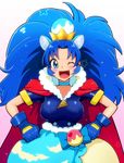 ;d alternate_breast_size animal_ears bakusai blue_bow blue_gloves blue_hair blue_neckwear blue_shirt blue_skirt bow breasts cape choker cowboy_shot crown cure_gelato earrings extra_ears gloves gradient gradient_background hands_on_hips jewelry kirakira_precure_a_la_mode large_breasts layered_skirt lion_ears long_hair looking_at_viewer mini_crown one_eye_closed open_mouth pink_background precure red_cape shirt simple_background skirt smile solo tategami_aoi white_background white_skirt 