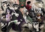  6+boys asakura_tae black_hair camera cape cat commentary_request daidoji_kaya devil_summoner formal gouto gun handgun hat highres holding holding_sword holding_weapon kazuma_kaneko_(style) koyomi_(kagreki) kuzunoha_geirin kuzunoha_raido kuzunoha_raidou louis_cypher multiple_boys multiple_girls nagi_(devil_summoner) narumi_shouhei necktie parody pistol rasputin_(devil_summoner) revolver school_uniform shako_cap shin_megami_tensei short_hair style_parody sword tsukigata_dahn weapon 