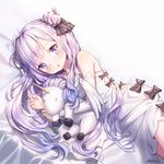 :o ahoge artist_name azur_lane bangs bare_shoulders bed_sheet black_bow black_ribbon blush bow commentary detached_sleeves dress eyebrows_visible_through_hair hair_bun hair_ornament hair_ribbon halterneck long_hair long_sleeves looking_at_viewer lying object_hug on_side parted_lips purple_eyes purple_hair ribbon roang side_bun signature solo stuffed_alicorn stuffed_animal stuffed_toy unicorn_(azur_lane) very_long_hair white_dress 