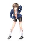  :3 absurdres amane_suzuha arm_behind_back ass_visible_through_thighs bike_shorts black_footwear black_shorts blue_jacket blush braid breasts breasts_apart brown_hair cameltoe closed_mouth collarbone commentary contrapposto eyebrows_visible_through_hair foreshortening fujisaki_ribbon full_body green_eyes hair_between_eyes hand_on_back head_tilt highres jacket kneehighs leaning_forward legs_apart long_hair long_sleeves looking_at_viewer medium_breasts messy_hair narrowed_eyes navel no_bra no_shirt partially_unzipped pose seductive_smile shoes shorts simple_background skindentation sleeves_past_wrists smile smirk sneakers solo standing steins;gate striped striped_legwear taut_clothes taut_shorts track_jacket twin_braids unzipping white_background white_legwear 