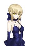  argyle_cutout artoria_pendragon_(all) blonde_hair blue_bow blue_dress blue_gloves bow breasts cleavage collarbone dress elbow_gloves eyebrows_visible_through_hair fate/stay_night fate_(series) gloves green_eyes hair_between_eyes hair_bow hajikaji highres looking_at_viewer medium_breasts saber_alter sidelocks simple_background sleeveless sleeveless_dress solo standing upper_body white_background 