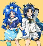  1girl :d absurdres animal_ears anri_(kuro_89_428) bangs blue_bow blue_eyes blue_gloves blue_hair blue_legwear blue_neckwear blue_shirt blue_skirt bow choker clenched_hand cowboy_shot crossover crown cure_gelato feathers gloves highres jacket kirakira_precure_a_la_mode layered_skirt lion_ears lion_tail long_hair looking_at_viewer magical_girl mini_crown open_mouth parted_bangs precure shirt shorts simple_background single_thighhigh skirt smile standing taikogane_sadamune tail tategami_aoi thighhighs touken_ranbu white_jacket white_shirt white_shorts white_skirt yellow_background yellow_eyes 