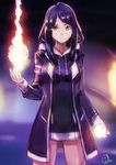  absurdres black_hair blurry blurry_background cowboy_shot green_eyes highres hood hoodie jacket long_hair looking_at_viewer magical_girl okuto open_clothes open_jacket original solo standing 