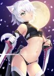  arched_back bandaged_arm bandages black_gloves black_legwear black_panties commentary covered_nipples cowboy_shot crop_top dagger dual_wielding fate/apocrypha fate_(series) full_moon gloves green_eyes hair_over_one_eye half-closed_eyes heart heart-shaped_pupils highres holding impossible_clothes jack_the_ripper_(fate/apocrypha) looking_at_viewer moon mvv navel panties parted_lips reverse_grip short_hair sidelocks silver_hair single_glove solo symbol-shaped_pupils thighhighs thighs underwear weapon 