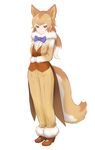  animal_ears bow bowtie dingo_(kemono_friends) formal full_body fur_trim high_heels ise_(0425) kemono_friends low_ponytail multicolored_hair orange_eyes orange_hair simple_background solo suit tail two-tone_hair white_background white_hair wolf_ears wolf_tail 