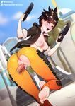  1boy 1girl anus areolae artist_name breasts brown_eyes brown_hair cameltoe clothed_sex crotch_cutout cum cum_in_pussy disembodied_penis feet from_behind gun jacket looking_back neocoill nipples open_jacket open_mouth overwatch patreon sex short_hair soles spiked_hair toes tracer_(overwatch) uncensored vaginal weapon web_addresse 
