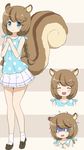  1girl :d ^_^ animal_ears bangs beige_background blouse blue_blouse blue_eyes blush braid brown_background brown_footwear closed_eyes closed_mouth eyebrows_visible_through_hair hair_tie hands_up large_tail loafers long_hair looking_at_viewer low_twintails maplestory multiple_views nekono_rin open_mouth own_hands_together pleated_skirt polka_dot polka_dot_blouse shoes skirt sleeveless_blouse smile socks squirrel_ears squirrel_girl squirrel_tail standing striped striped_background sweat sweating_profusely tail trembling turn_pale twin_braids twintails wavy_mouth white_legwear white_skirt 