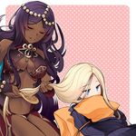  abigail_williams_(fate/grand_order) blonde_hair blue_eyes breasts bridal_gauntlets cleavage_cutout closed_eyes commentary dark_skin fate/grand_order fate_(series) hair_brushing kneeling large_breasts long_hair multiple_girls pillow pink_background polka_dot polka_dot_background purple_hair queen_of_sheba_(fate/grand_order) revealing_clothes simple_background teramoto_kaoru 
